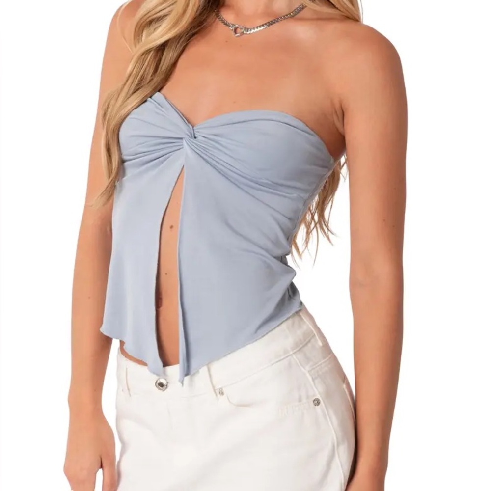 Edikted Twist Split Front Tube Top Size S Baby Blue Sheer Y2K Baddie Bratzcore